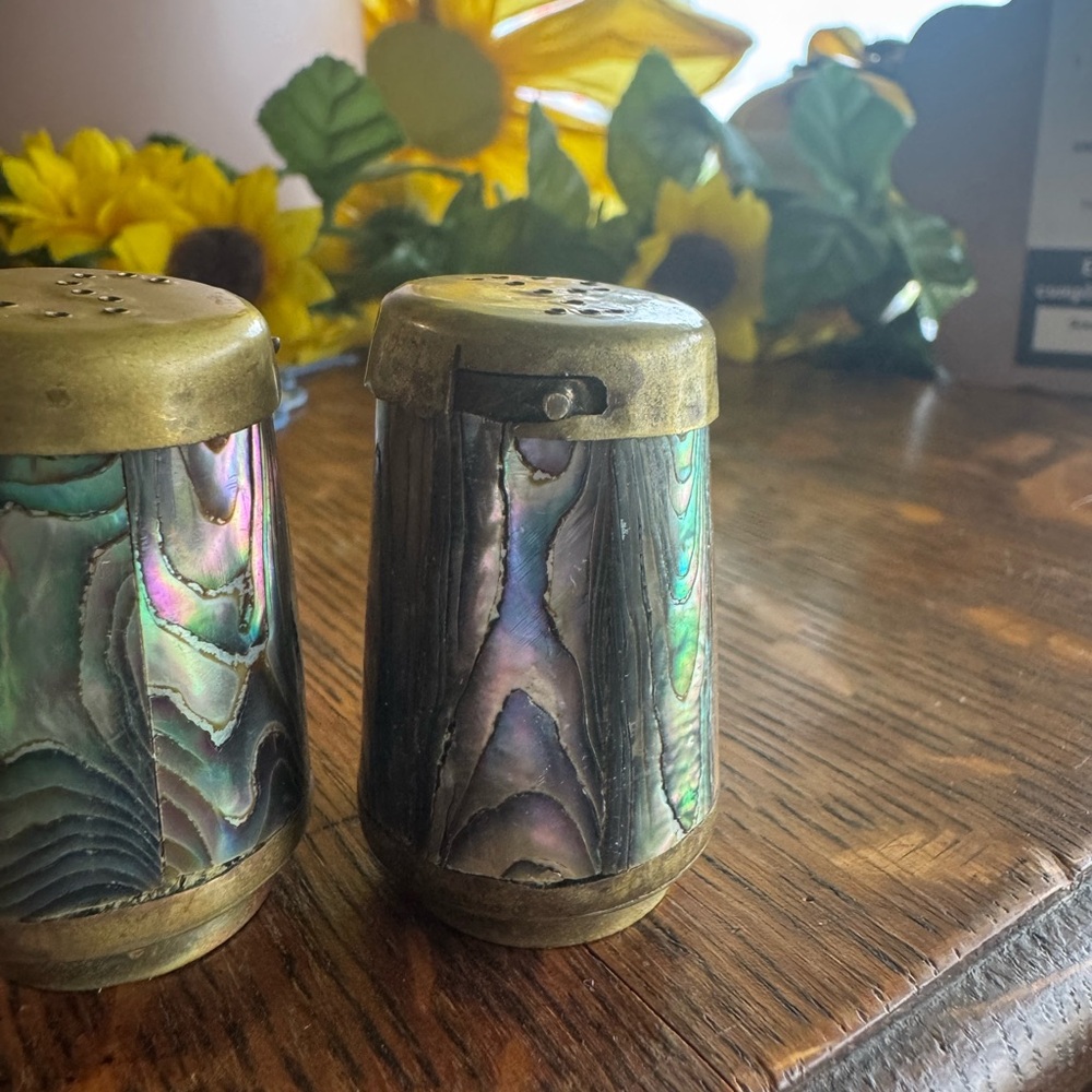 VINTAGE Mother of Pearl Mexican ,Iridescent Shell Salt and Pepper Shakers